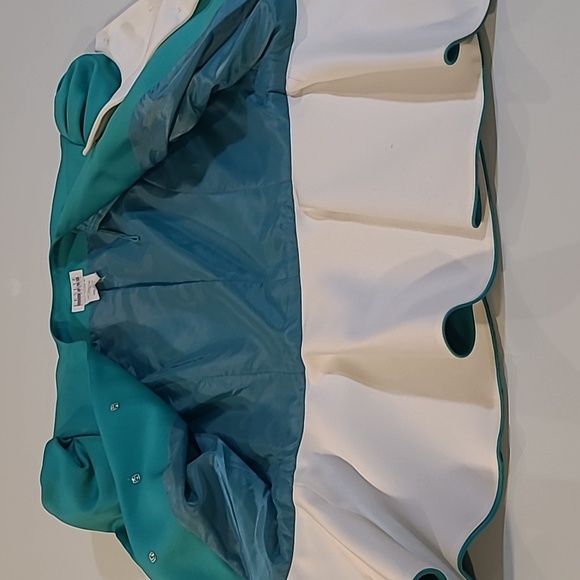 LIKE NEW VTG 80s Leslie Fay Satin Teal/White Puff Shoulder Large Bow Blazer - Picture 3 of 15